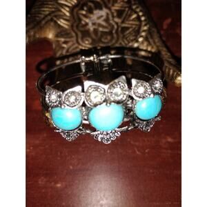 Vintage-Style Turquoise & Rhinestone Clamper Bracelet – Real Stones